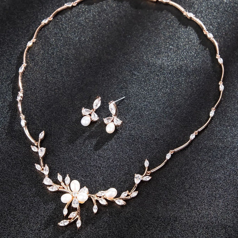 Conjunto de Joias com Colar e Brincos de Pérola Doce e Zircónio