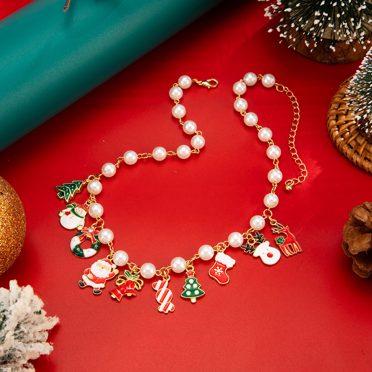 Colar Pendente de Natal com Árvore de Natal, Doces e Boneco de Neve - Colar de Moda para Férias