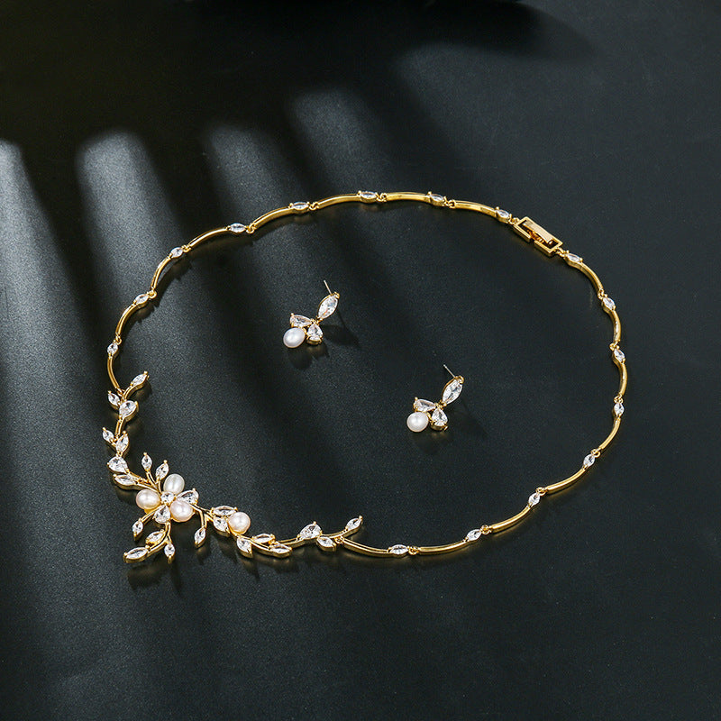 Conjunto de Joias com Colar e Brincos de Pérola Doce e Zircónio