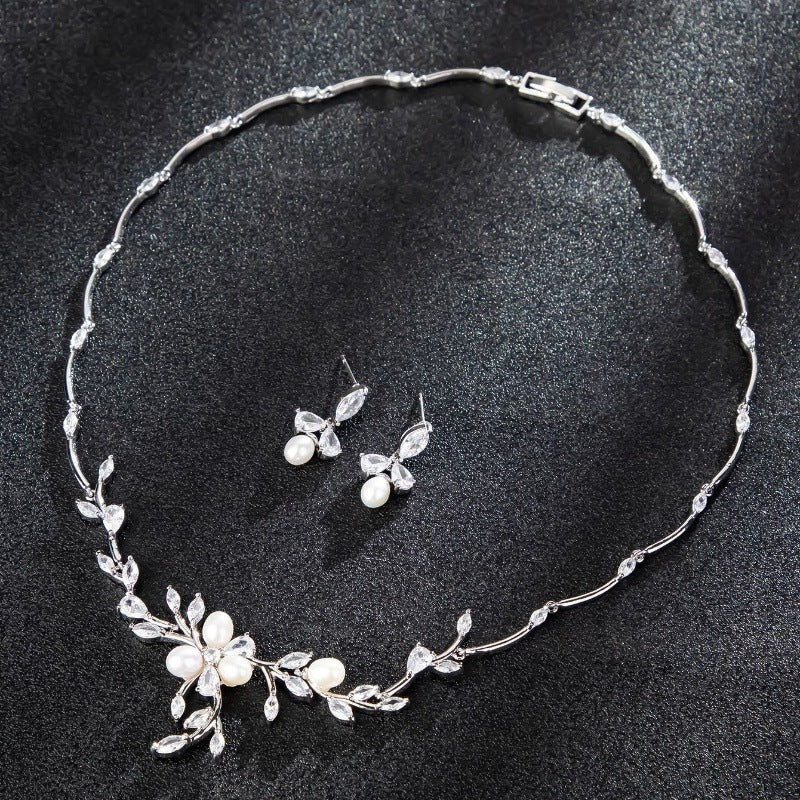 Conjunto de Joias com Colar e Brincos de Pérola Doce e Zircónio