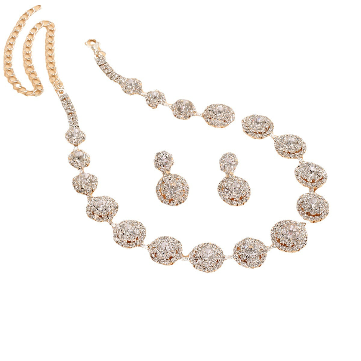 Conjunto Popular de Colar e Brincos de Quartzo com Strass Redondos de Luxo