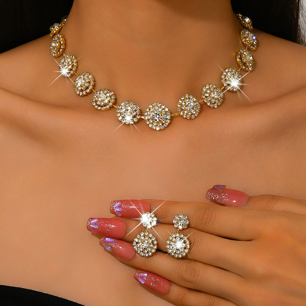 Conjunto Popular de Colar e Brincos de Quartzo com Strass Redondos de Luxo