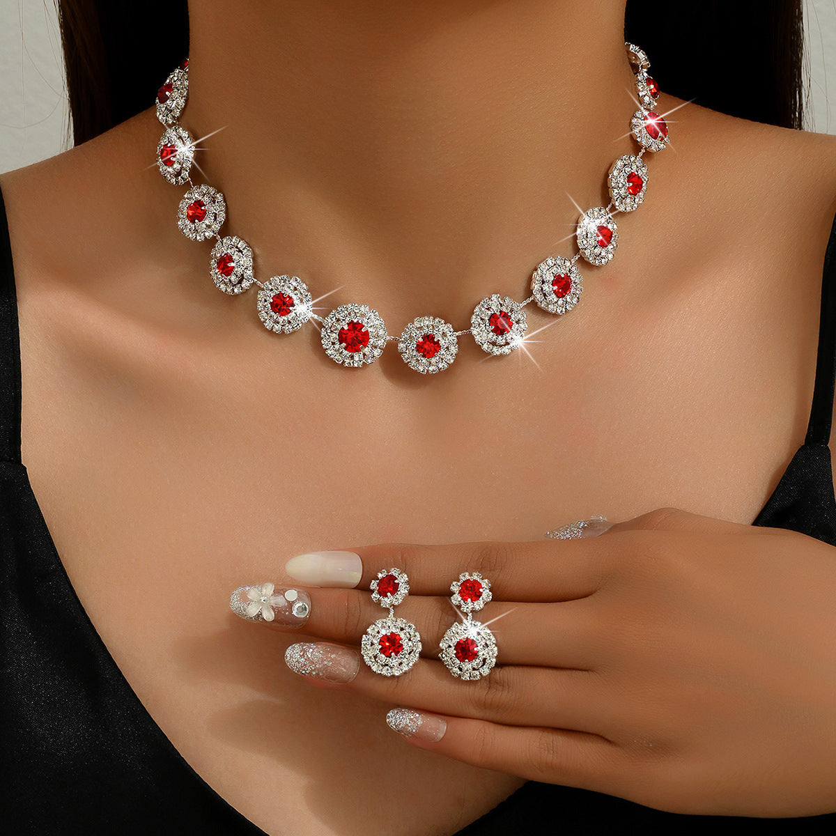 Conjunto Popular de Colar e Brincos de Quartzo com Strass Redondos de Luxo