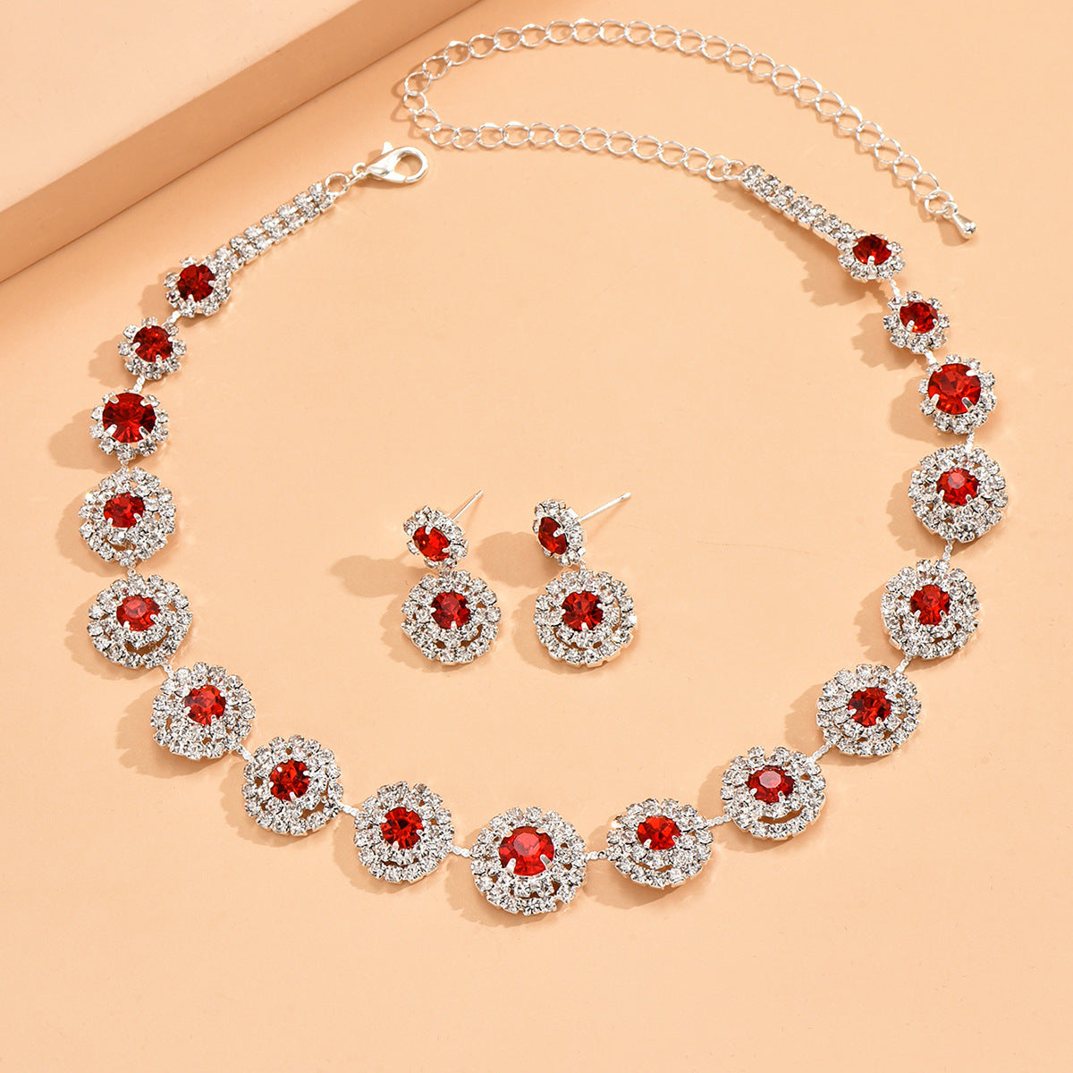 Conjunto Popular de Colar e Brincos de Quartzo com Strass Redondos de Luxo