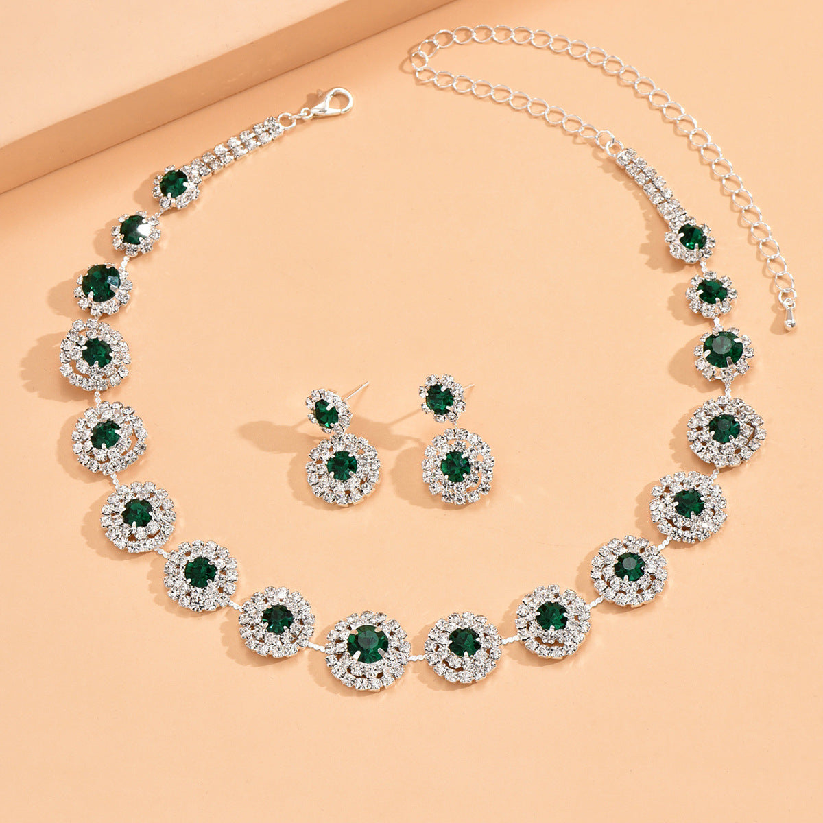 Conjunto Popular de Colar e Brincos de Quartzo com Strass Redondos de Luxo