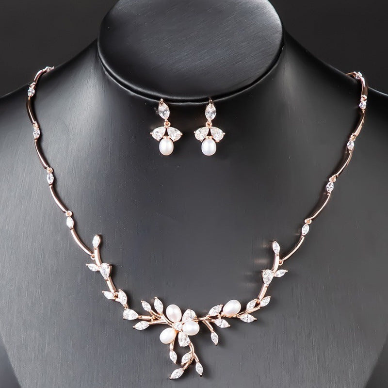 Conjunto de Joias com Colar e Brincos de Pérola Doce e Zircónio
