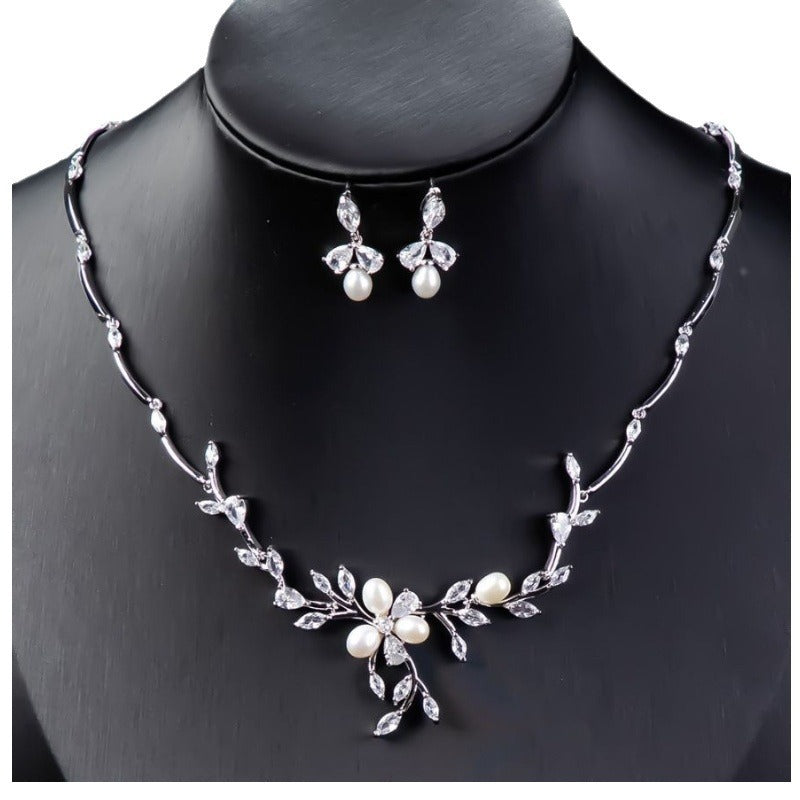 Conjunto de Joias com Colar e Brincos de Pérola Doce e Zircónio