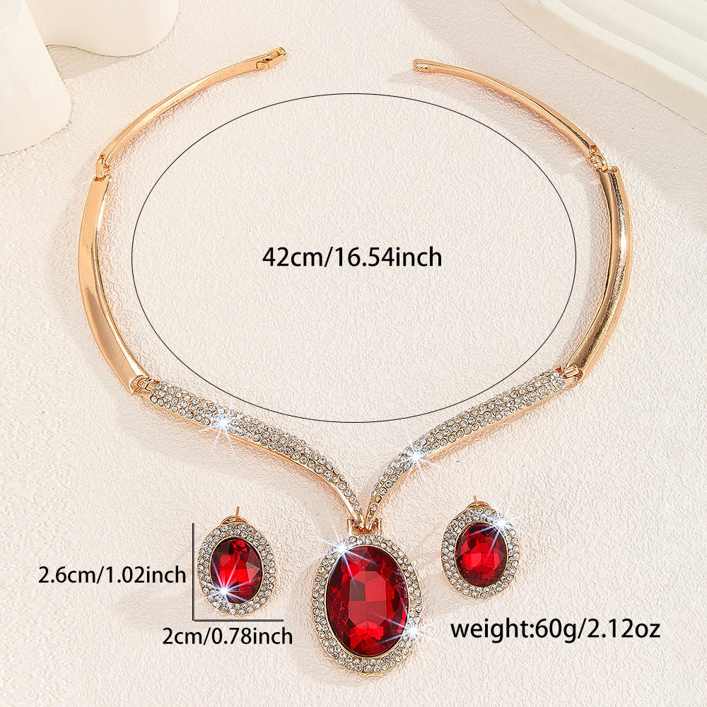 Conjunto de Colar e Brincos de Cristal Vermelho com Strass Branco Incrustado em Liga de Ouro e Zinco