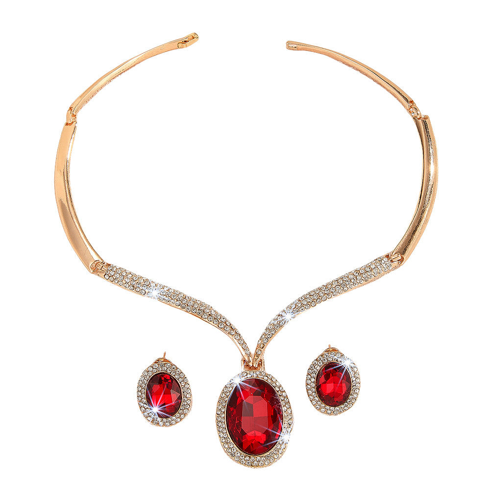 Conjunto de Colar e Brincos de Cristal Vermelho com Strass Branco Incrustado em Liga de Ouro e Zinco