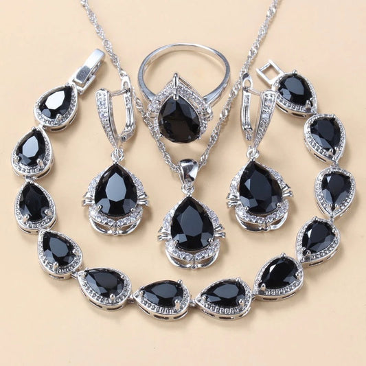 Conjunto de Brincos, Colar e Anel de Quatro Peças com Pingente Incrustado de Gemas